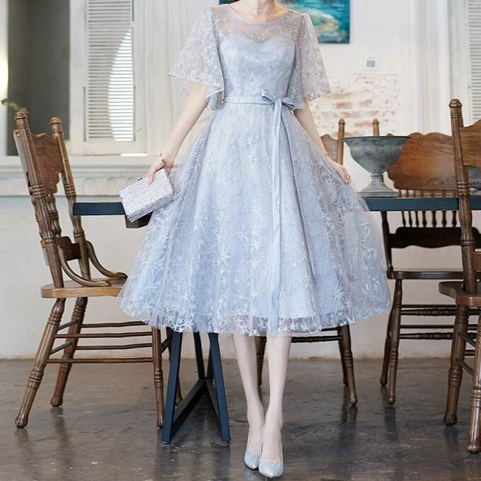 クール ガーリー かっこいい おしゃれ 上品 きれいめ 大人可愛い ファスナー レース Uネック 半袖 ミディアム ドレス ワンピース
