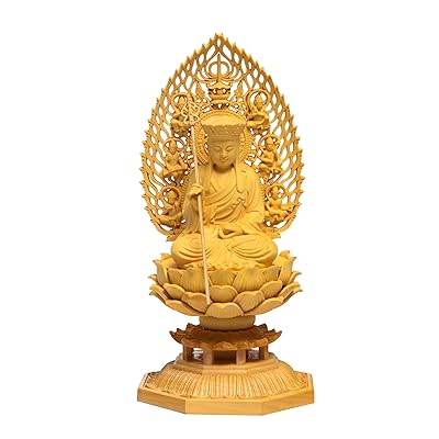 繁樓藝雕 仏像 地蔵菩薩 仏壇仏像 木彫り 置物 柘植の木 飛天光背 八角台座 祈る 厄除け(高さ17cm×巾8.5cm×奥行8.5cm)|NEXTMART