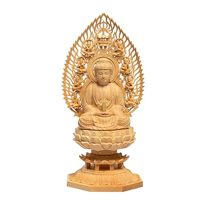 仏像 薬師如来 仏壇仏像 置物 桧木製 無病息災 風水 祈る 厄除け 飛天光背 八角台座 (高さ28cm×巾12cm×奥行12cm)|NEXTMART