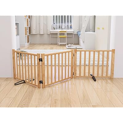 ペットゲート 木製犬ゲート ペットフェンス 高さ43cm 長さ175cm 置くだけゲート折りたたみ 倒れない いぬ 柵 室内 犬脱走防止 飛び出し防止 小型犬 中型犬用 天然木 3枚パネル｜NEXTMART