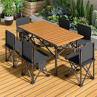 アウトドア テーブル チェアセット キャンプ テー ブル 7点セット（55*49*95CM、、木の色） 屋