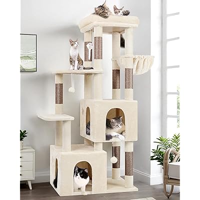 キャットタワー 据え置き シニア 猫タワー 大型猫用 猫タワー 多頭飼い 大型 多機能 登りやすい 高さ155cm 2ハウス 展望台 爪とぎポール7本 ハンモック付き 転倒防止 ベージュ