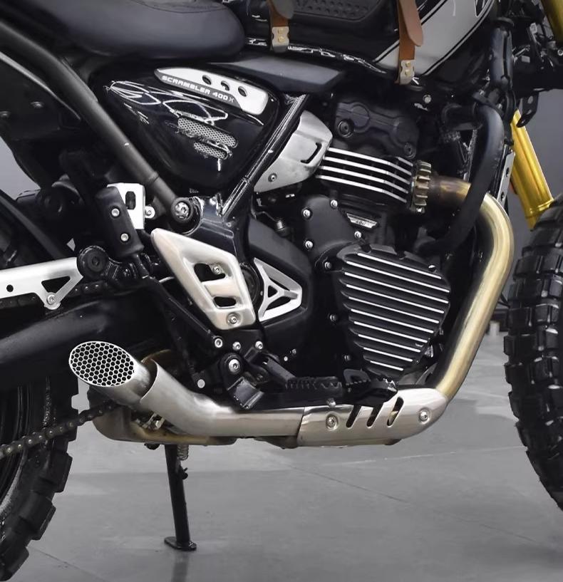 スクランブラー 400X エキゾースト マフラー エキ かち上げ ステインレス材質 メガホンマフラー ハニカム状 ダウンマフラー インジェクション ブラック シルバー おしゃれ ドレスアップ ビデオ付き 取寄せ