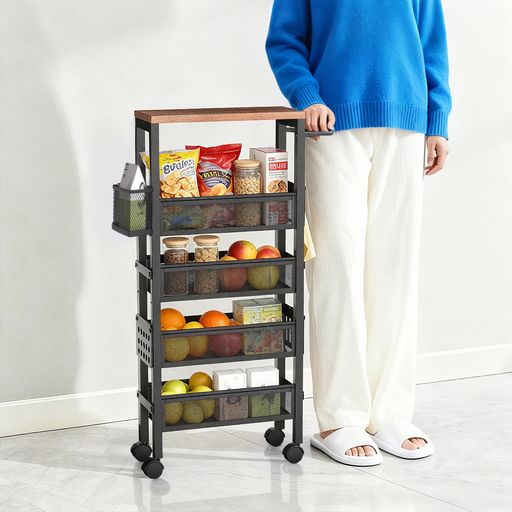 TORIBIOキッチンワゴンスリム隙間収納13cm間隔調節可能キッチンカート収納ラックキャスター付き天板付きハンドル付き収納ケース付き穴板付きフックx4ローリングカートキッチンカートス…