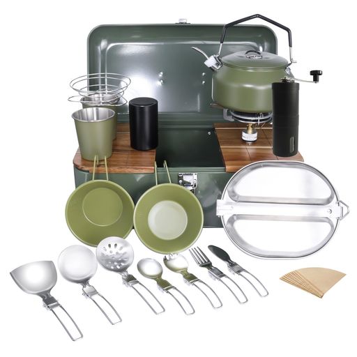 SOTECHキャンプ調理器具セットコーヒーメーカーミルポット付き屋外ポータブルステンレス鋼折りたたみ食器2人用(木製テーブル)