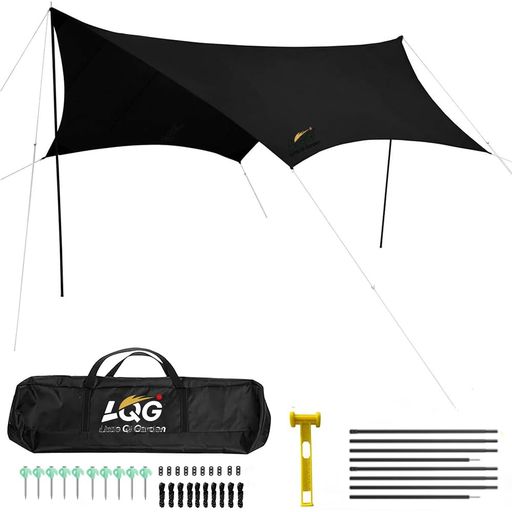 Little Qi Garden タープ ヘキサタープ 4.5x4.5m 【210D厚手生地 遮光ブラックコーティング】 UVカット率99.9% UPF50+ 5-12人用 防水8000mm 設営セット(ポール2本/夜光ペグ/ハンマー付) キャンプ｜NEXT STORE17