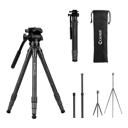 Cayer 三脚 カーボン三脚 ビデオ三脚 CH20S1 フルードヘッド 雲台 専用ケース スマホホルダー 水準器 付属 トラベル 動画撮影 スマホ撮影 軽量 小型 コンパクト ブラック VCAYER-CH20S1BK｜NEXT STORE17