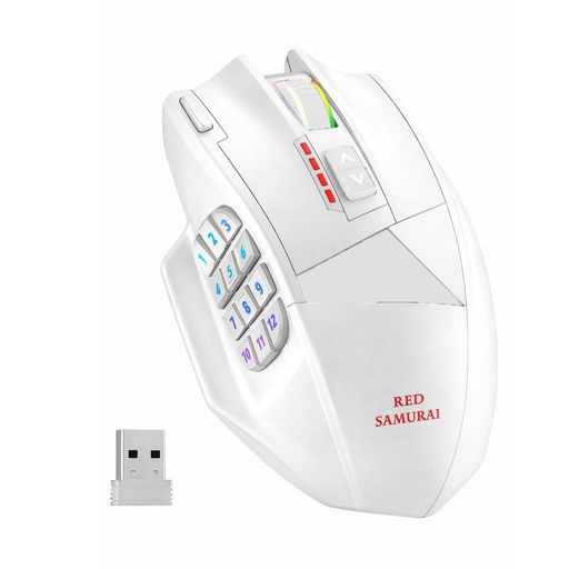 REDSAMURAIゲーミングマウス無線有線両対応2.4GHzMMOマウスサイドボタン付きRGBライティング16000DPI高精度センサー18個プログラム可能ボタンType-C充電式ホワイト
