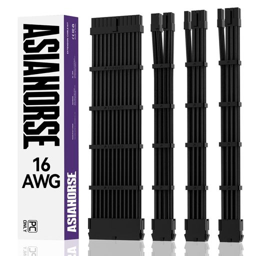 黒AsiaHorsePC用スリーブケーブルGPU/CPU用PC電源延長ケーブル黒[16AWG高性能銅コア]4本&30CM2本の8ピンGPU1本の8ピンCPU1本の24ピンル柔軟で管理が容易です