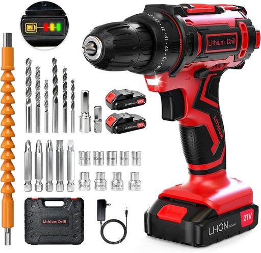 電動ドライバー【新登場強化版初心者】21v電動ドリルインパクトドライバー1500mAhバッテリー2個付き25+1段階トルク調節LEDライト無断変速充電式ドリルドライバー最大42N.mLEDライト二段階ス…