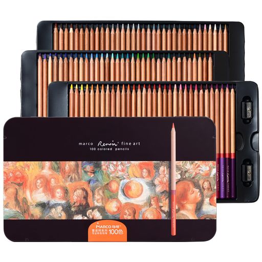 MARCO鉛筆油性色鉛筆100色セット3100型|3.7mm粗芯鉛筆削り付属|鉄箱入り高級プレゼント適用|子ども・大人・学生・専門美術従事者向けプロ用