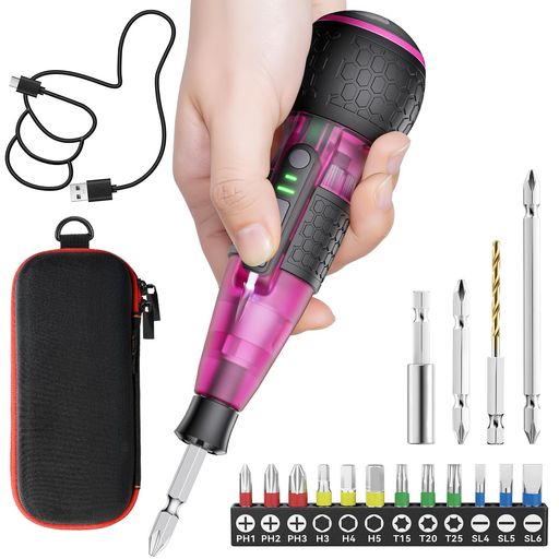 Yacooda電動１番ウッド小型【言い慣わし編成替え・中が見える電動１番ウッド・鬼トルク6N.m】豪然たる16点ビット付き添い人納める容れもの付き添い人USB-C申し受ける式高明快さLEDともし火軽さDIY取りまわし飾り気のないお上さん/未経験者相応うせつ然たるサクラ色