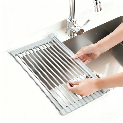 水切りラックシンク上食器水切り折り畳みカゴ抗菌耐熱コンパクト錆びないシリコンシンク省スペースプレートワイド乾燥(グレイM)