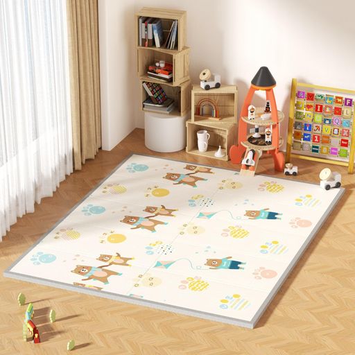 GruFini プレイマット 赤ちゃん 折りたたみ 200x180x2cm 厚手 安全検査済み ベビーマット 防水 防音 ベビープレイマット 滑り止め おしゃれ ベビー 出産祝い 一枚入り (200x180x2cm, Bear + Deer)｜NEXT STORE17