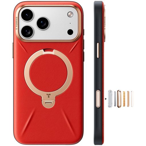 【大吉!仕合わせルビー赤いことの暖かさ】TORRASiPhone17ProMax用容れもの新感覚的な経験レザー・スキンタッチOstandQ3なめし革声の調子MagSafe相応う輪っか照明ランプ360°定点回転させる縦横両相応う磁石積み上げる革