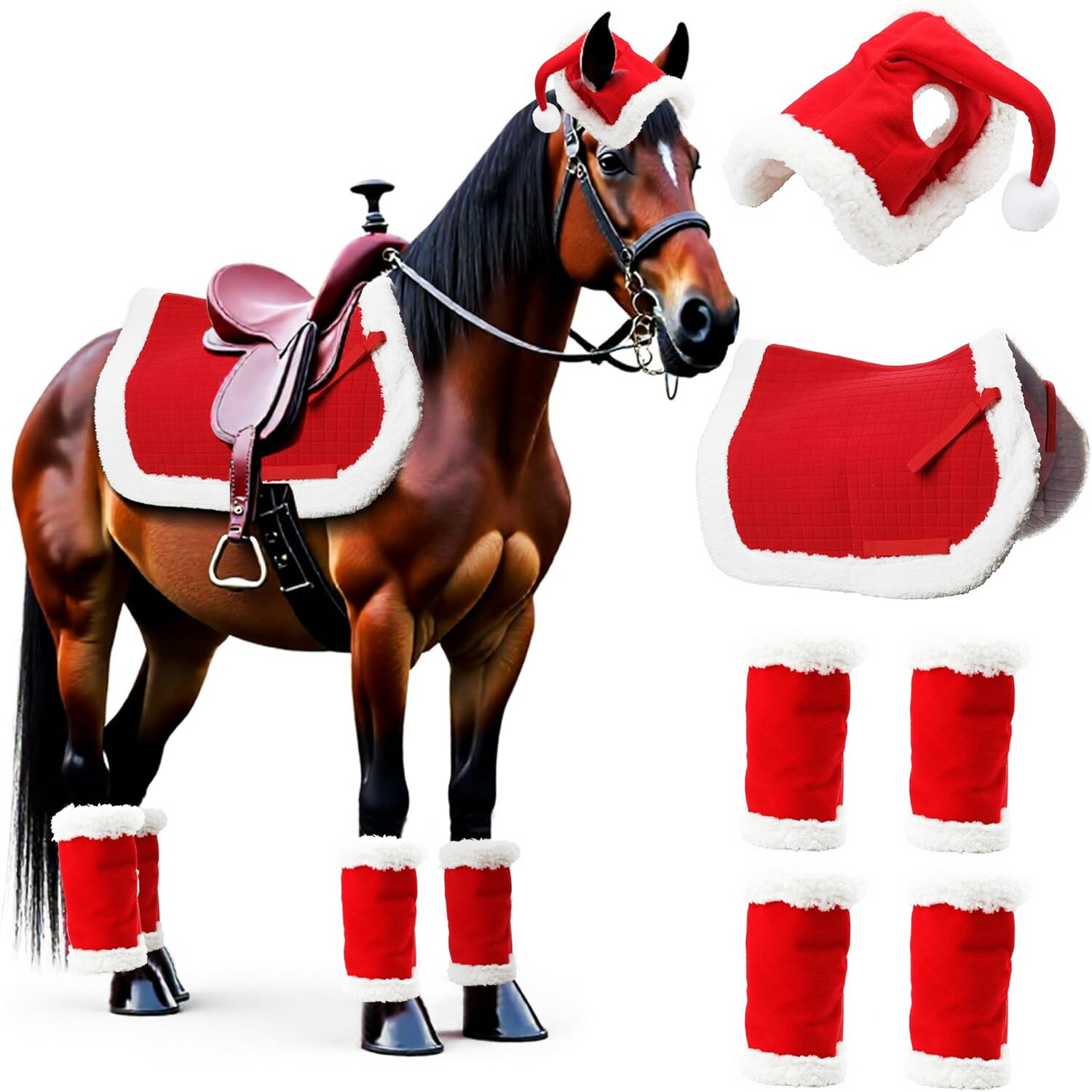 クリスマス ホースレッグウォーマー 6点書き割り 馬用 防寒 保温 冬用 乗り馬装置 馬着 馬脚防御すること 取りまかなう 書き割り 馬用サンタ御召しもの 馬かぶり笠 馬鞍パッド 飾りもの 引きくらべる用 馬場用 愛くるしげ 冬期 防風 防雪 乗り馬添え物