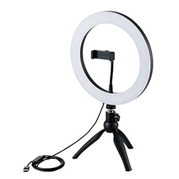 ☆エレコム LEDリングライト 自撮りライト 3色調光 最大1100lm 10段階調整 USB-A給電 動画配信 ミニ三脚スタンド付き ボールジョイント付き 26cm DE-L03BK
