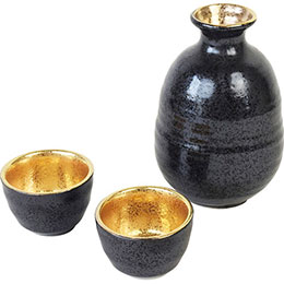 ☆高田焼酒器釉重ね金彩天目 ぐい呑(φ5.5×3.5cm)×2、徳利(φ8×11.5cm・280ml)×1 C6103628