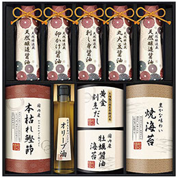 ☆伊賀越 天然醸造蔵仕込み 和心詰合せ【醤油・牡蠣醤油海苔・焼海苔・本枯れ鰹節・黄金割烹だしパック・エクストラバージンオリーブオイル】 2650-075