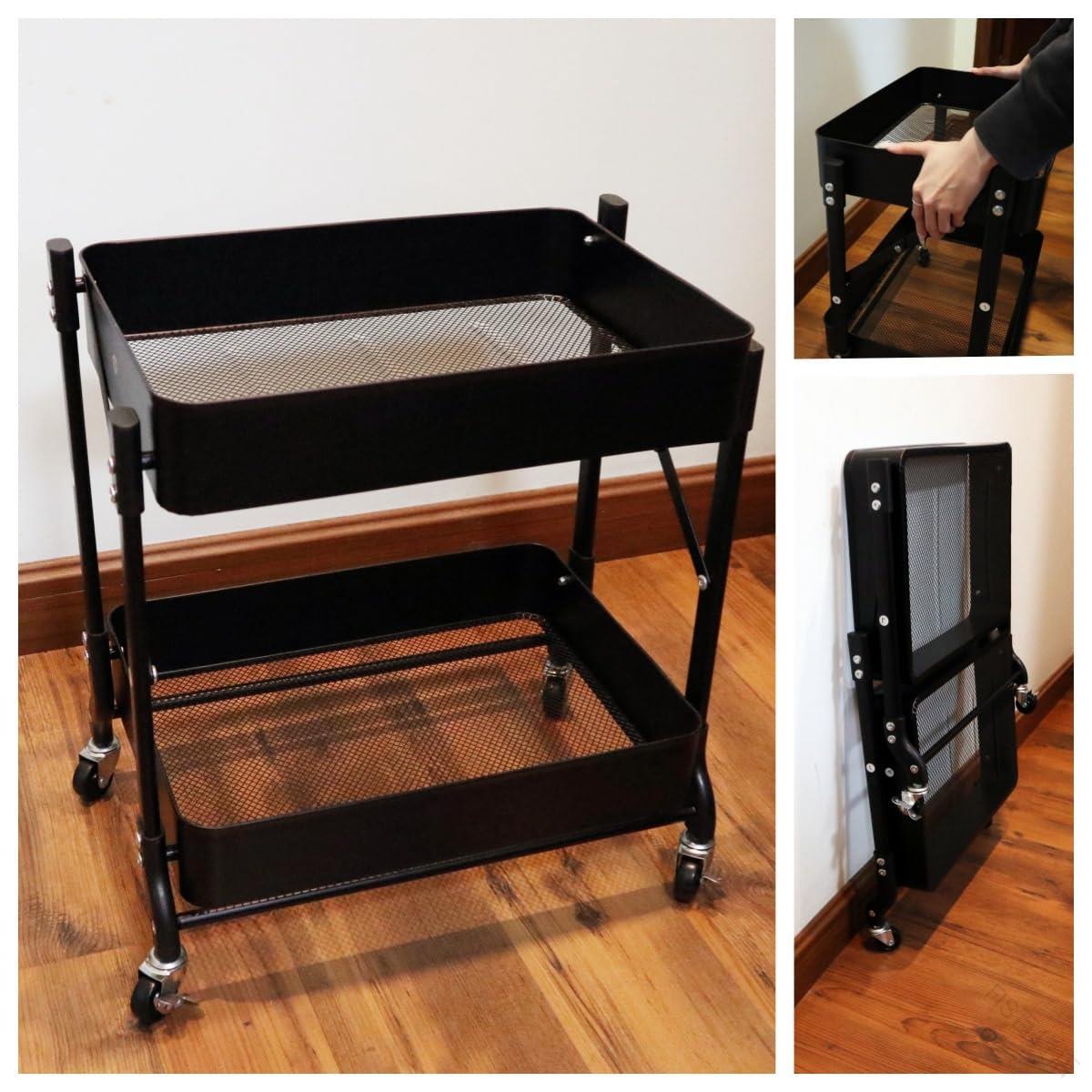 【期間限定！ポイント5倍！】キッチンワゴン 折り畳み 2段タイプ 耐荷重40kg 幅46cm 奥行30cm 高さ51cm シンプル収納ワゴン スチール製ボディ キャスター付き スムーズ移動 コンパクト収納 キッチン リビング 洗面所 プレゼント 新生活
