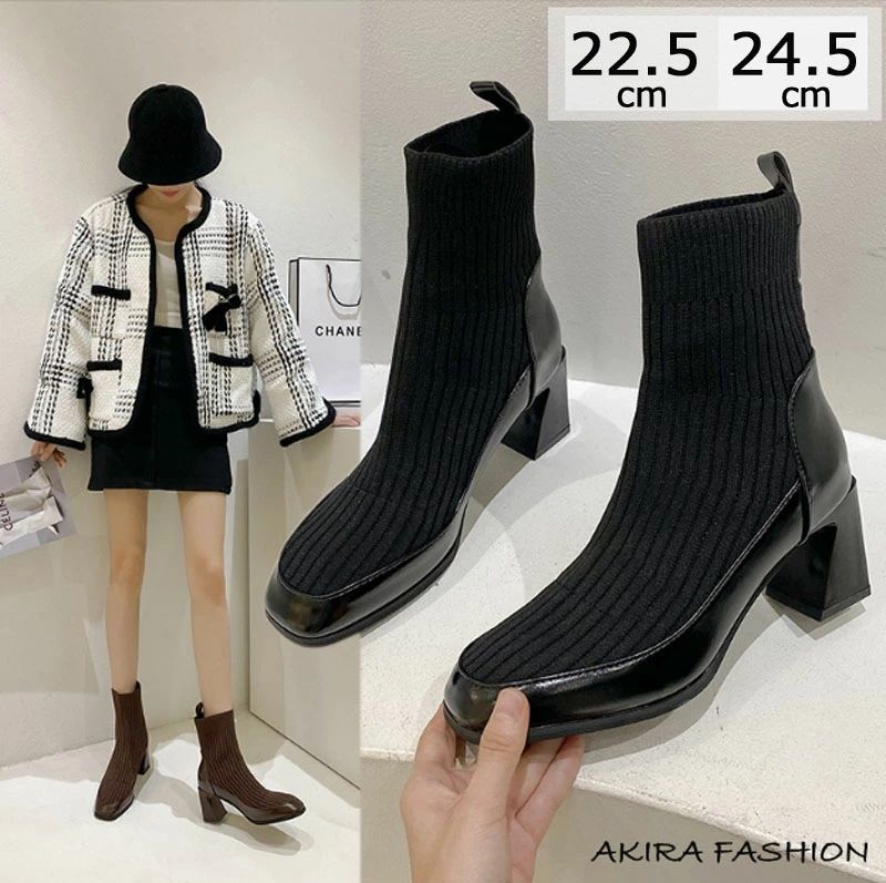 【期間限定！4/10 迄全店ポイント 5 倍】ソックスブーツ レディース ニット ブーツ ショートブーツ スクエアトゥ ストレッチ ショート 異素材 切替 7センチヒール デザインヒー