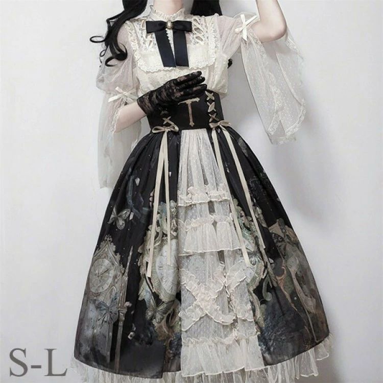 黒ロリ ワンピース A ライン Lolita 女の子 コスプレ ミモレ丈 レディース コスチューム 衣装 かわいい フリル パーティ イベント フリルたっぷりの可愛いデザイン A ラインシルエットで着やすく ミモレ丈｜Ngood store 店