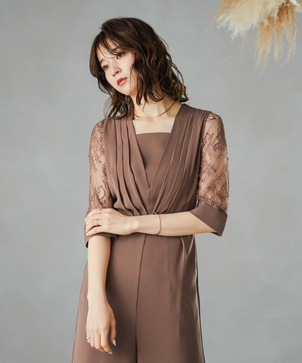 円 オープニング 結婚式 オールインワン パーティードレス ワイドパンツ パンツドレス レース袖 七分袖 タック 切り替え ロング丈 袖あり Vネック ロングパンツ オケージョン 1 5次会 春 夏 秋 冬 二次会 謝恩会 成人式 同窓会 女子会 お呼ばれ 体型カバー ゴム 入学