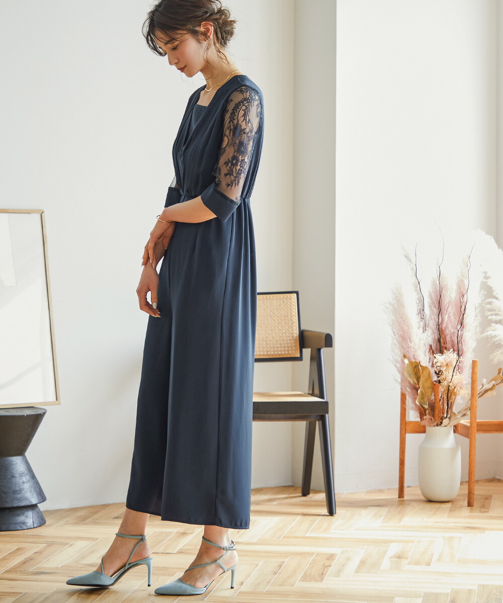 円 オープニング 結婚式 オールインワン パーティードレス ワイドパンツ パンツドレス レース袖 七分袖 タック 切り替え ロング丈 袖あり Vネック ロングパンツ オケージョン 1 5次会 春 夏 秋 冬 二次会 謝恩会 成人式 同窓会 女子会 お呼ばれ 体型カバー ゴム 入学