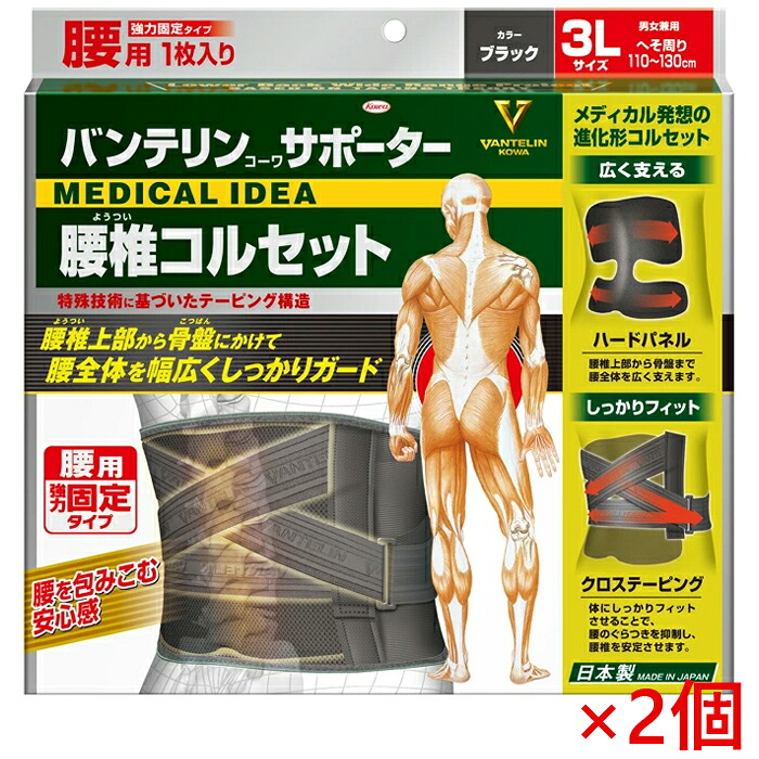 ★今ならポイント8倍★ バンテリンサポーター 腰椎コルセット 3Lサイズ 110cm～130cm ブラック 男女兼用1枚入 ×2個 返品・交換不可 興和