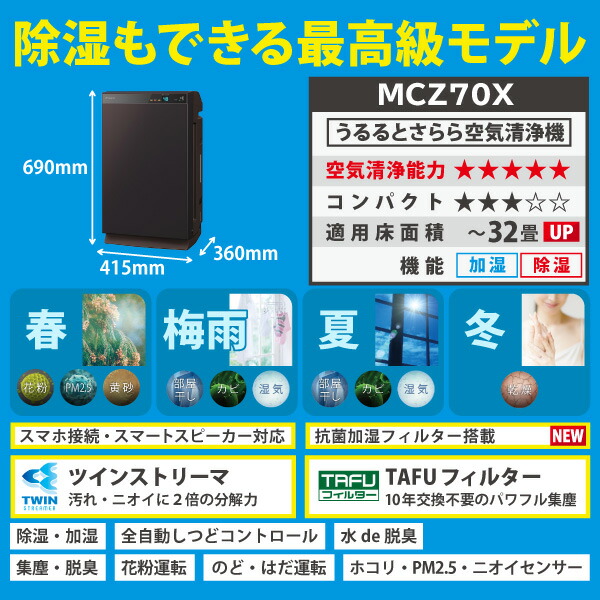 ダイキン うるるとさらら空気清浄機 ビターブラウン Mcz70x T 花粉対策製品認証 加湿空気清浄機 32畳 加湿器 花粉 ペット ホコリ ニオイ 脱臭 Pm2 5 除湿 除加湿ストリーマ 衣類乾燥 部屋干し Liceochiloe Cl