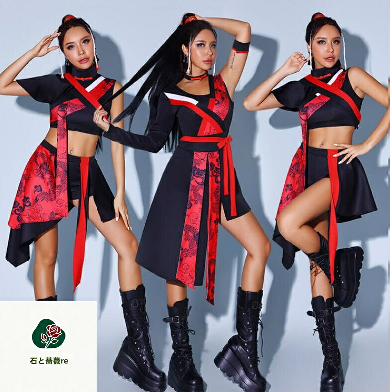 大人ジャズダンス衣装　中華風ダンスウェア　切り替え　チャイナ風漢服ワンピース/上下セット　イレギュラー裾　舞台団体服　kpop hiphop jazz 舞台ダンスウェア　イベント　コスチューム　忘年会　パーティー