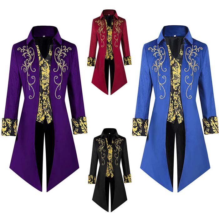 燕尾服 タキシード 舞台演出服 メンズタキシード 中世服 男性 ハロウイン コスチューム ジャケット 欧米風 4色 花レース刺繍 コスプレ衣装 舞台ステージ衣装 ロング丈コート 魔術師 マジック 仮装 変装 クリスマス 司会者 男性用礼服 テーラードジャケット レトロコート 4,216円