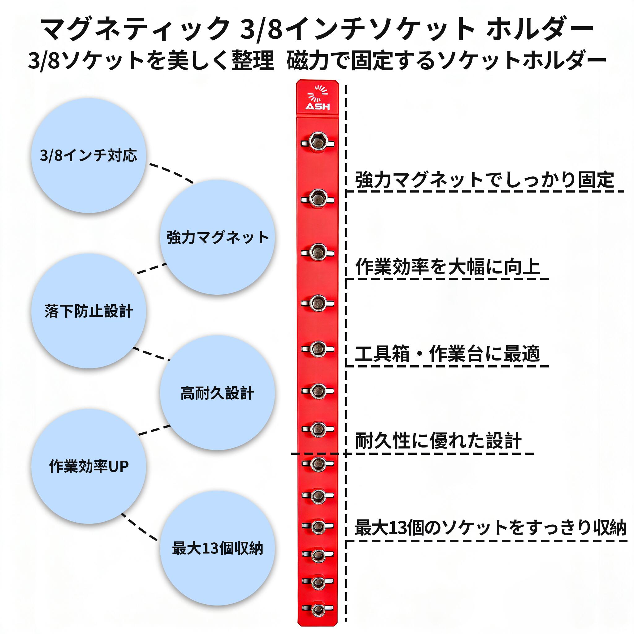 ASH マグネティック 3/8インチソケット ホルダー 3/8ソケットを美しく整理。磁力で固定するソケットホルダー