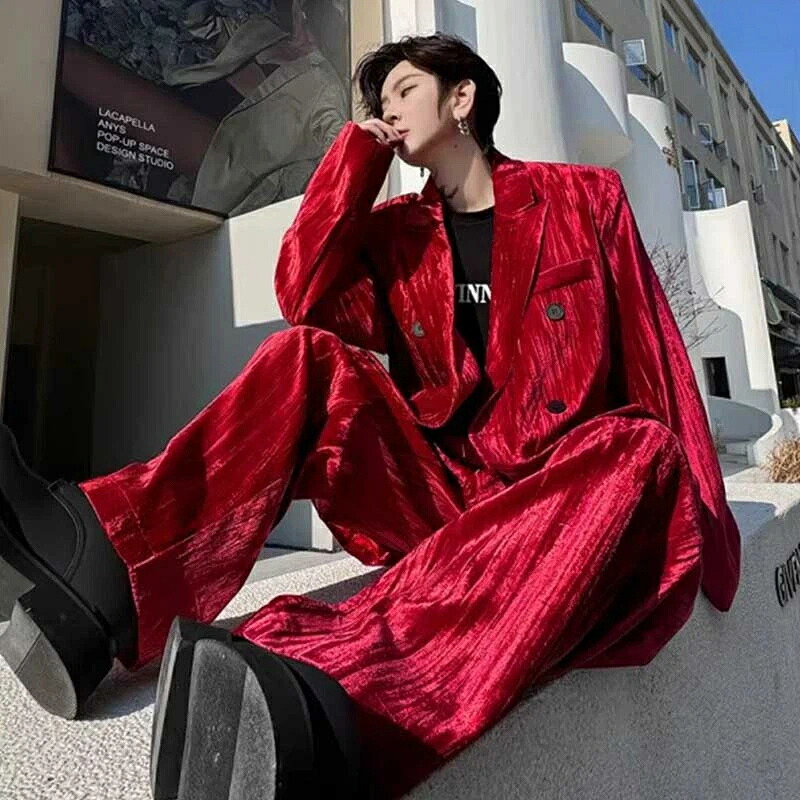メンズスーツ ベロア ベルベット レッド コンクール コンサート ステージ 舞台 おしゃれ 紳士服 ジャケット カジュアルスーツ セットアップ 2点セット 長袖 ゆったり 大きい 体型カバー フォーマル スーツセット 赤 ダブルブレスト ワイドパンツ M L XL 高級感あり着心地抜群｜日用品にしの