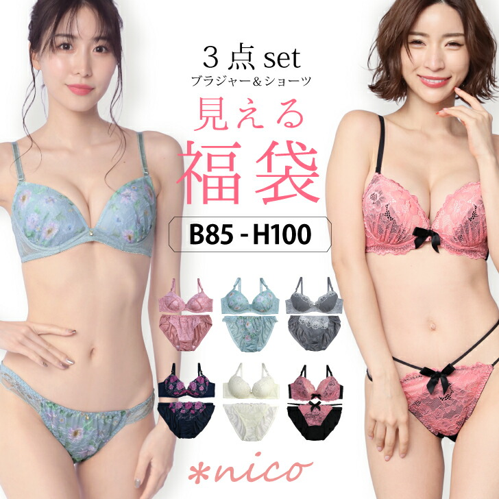 B85〜H100まで　【送料無料※沖縄は追加送料】　福袋　ブラ福袋　レディース　ブラジャー　大きいサイズのブラセット3組入り　2022[メール便不可]【ブラセット　下着　中身が見える下着福袋　ブラショーツ　福袋】
