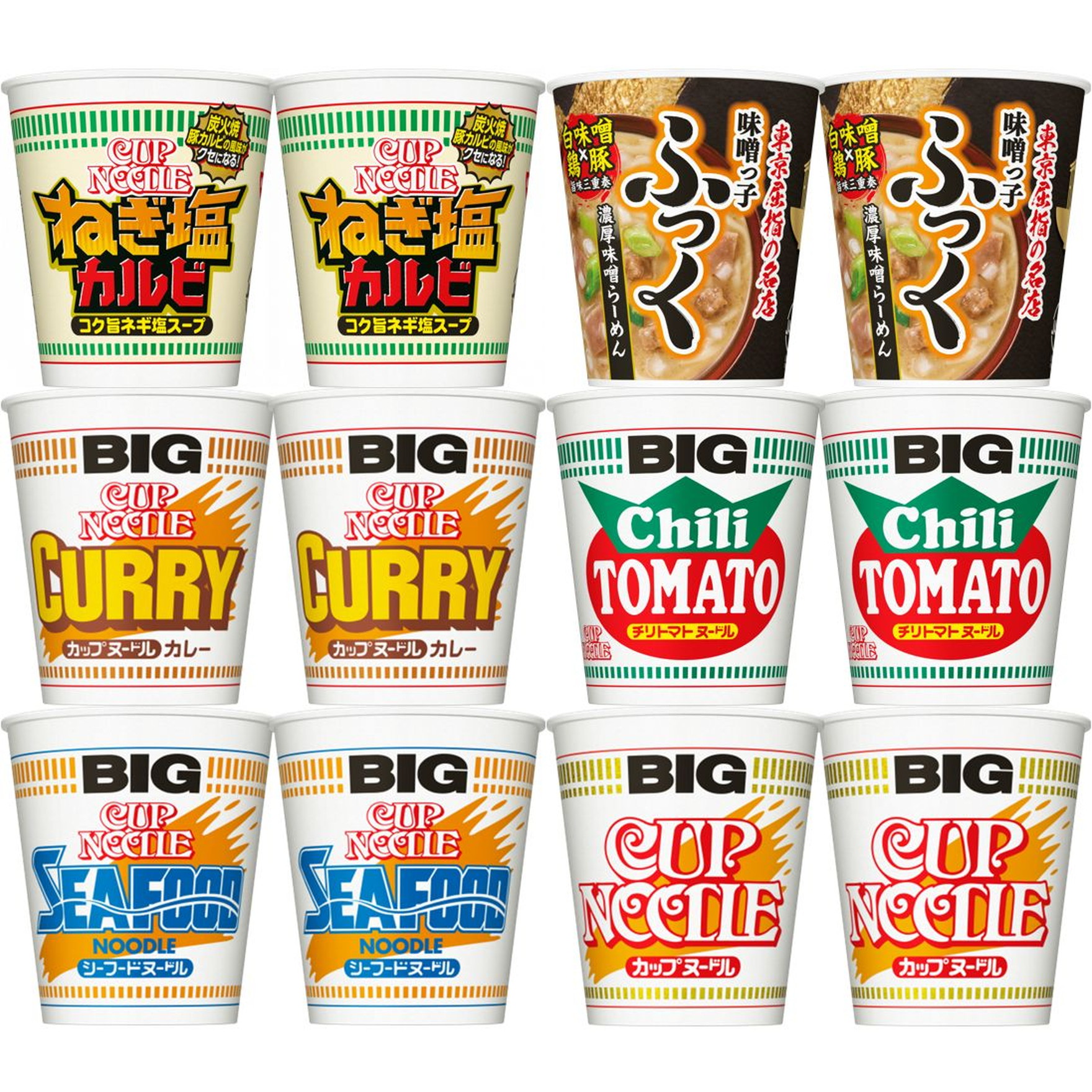 12個セット 日清食品 カップヌードル BIG 6種 12食セット 定番ビッグ 4種 x各2 味噌っ子 ふっく 味噌らーめん x2 ねぎ塩カルビ x2 N3943画像