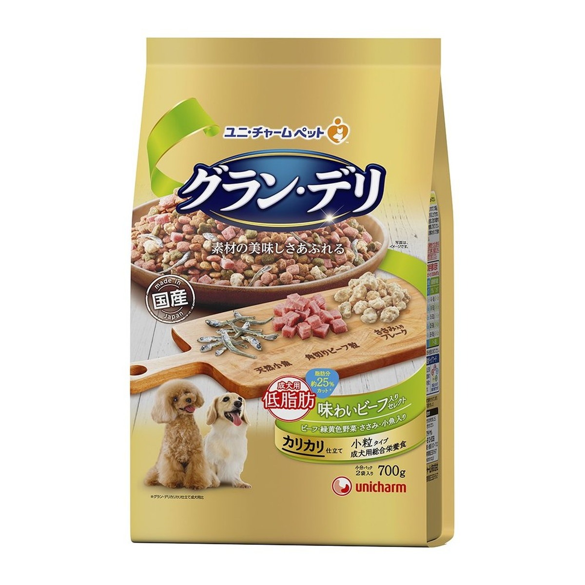 6～10個仕掛ける まとめ買いユニ・チャーム グラン・デリ カリカリ仕立て 成犬用 低あぶら身 風味牛肉入り口・入口選りわける あぶら身分約25% 700g