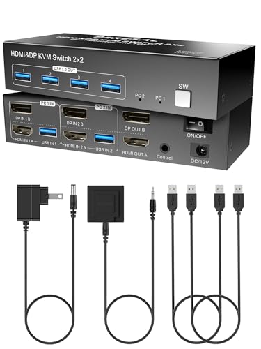 PERESAL デュアル管するHDMI DP KVM取り替えっこ、デュアルパソコンまたは万覚え帳マイコン用の4K60サイクルデュアル管するKVM取り替えっこ2台、
