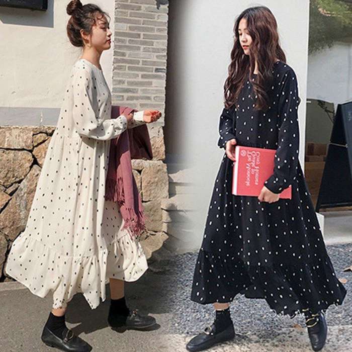 楽天市場 ワンピース レディース 秋冬 長袖ワンピース 40代 きれいめ ドット シフォンワンピース 韓国風 可愛い フレア オシャレ 通勤 マキシワンピース 大きいサイズ Niko Plaza