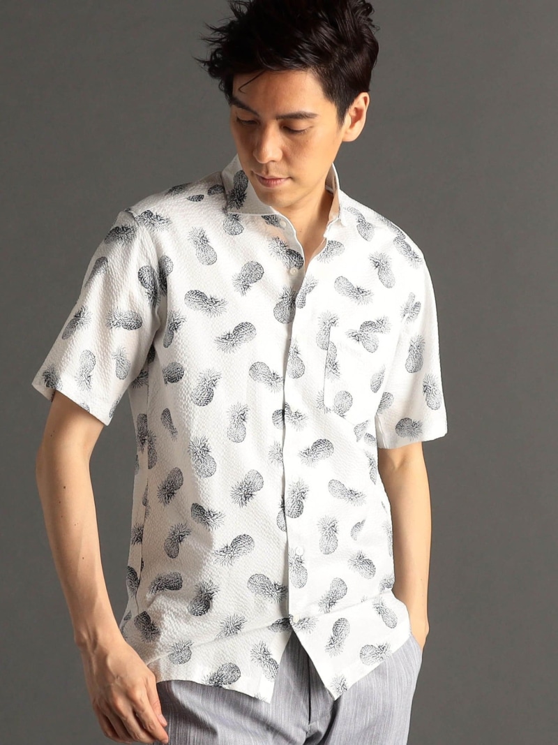 【SALE／37%OFF】パイナップルプリント カッタウェイカラー半袖シャツ MONSIEUR NICOLE ニコル トップス シャツ・ブラウス ホワイト ブラック ブルー【RBA_E】【送料無料】[ Fashion]