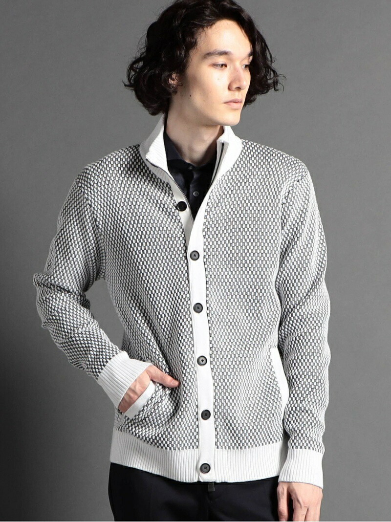 【SALE／50%OFF】ジオメトリックジャカード スタンドニットブルゾン MONSIEUR NICOLE ニコル トップス ニット ベージュ グレー ブラック レッド ホワイト ネイビー【RBA_E】【送料無料】[ Fashion]
