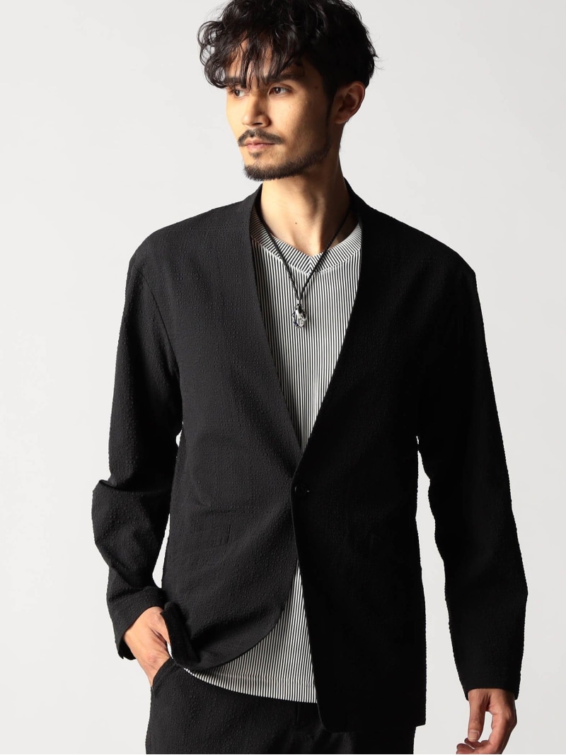 【SALE／30%OFF】サッカーチェック ノーカラージャケット NICOLE CLUB FOR MEN ニコル ジャケット・アウター その他のジャケット・アウター ネイビー ブラック【RBA_E】【送料無料】[ Fashion]｜NICOLE