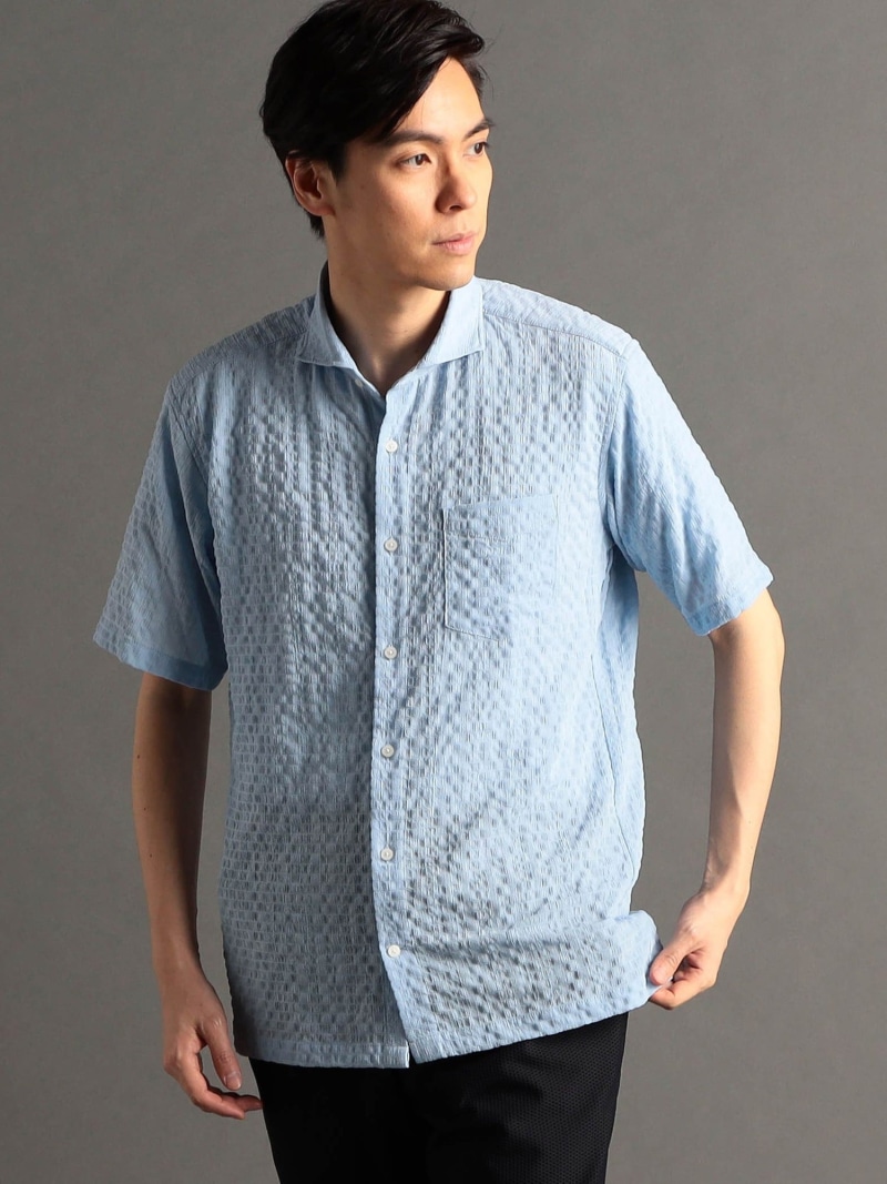 【SALE／70%OFF】ドビーサッカー カッタウェイカラー半袖シャツ MONSIEUR NICOLE ニコル トップス シャツ・ブラウス ネイビー ベージュ ブルー【RBA_E】【送料無料】[ Fashion]