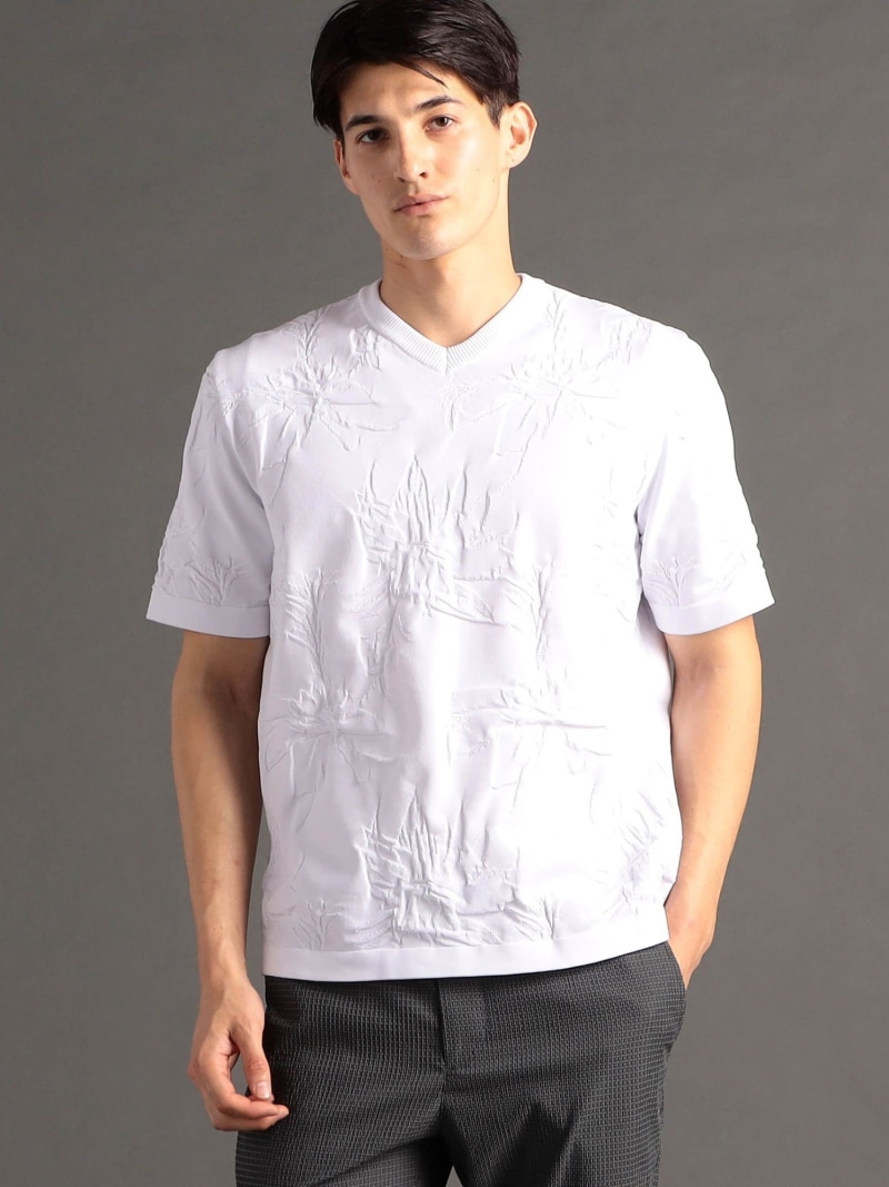 【ex/tra】ボタニカルジャカード VネックニットTシャツ MONSIEUR NICOLE ex/tra ニコル トップス ニット ブラック カーキグリーン ホワイト【送料無料】[ Fashion]