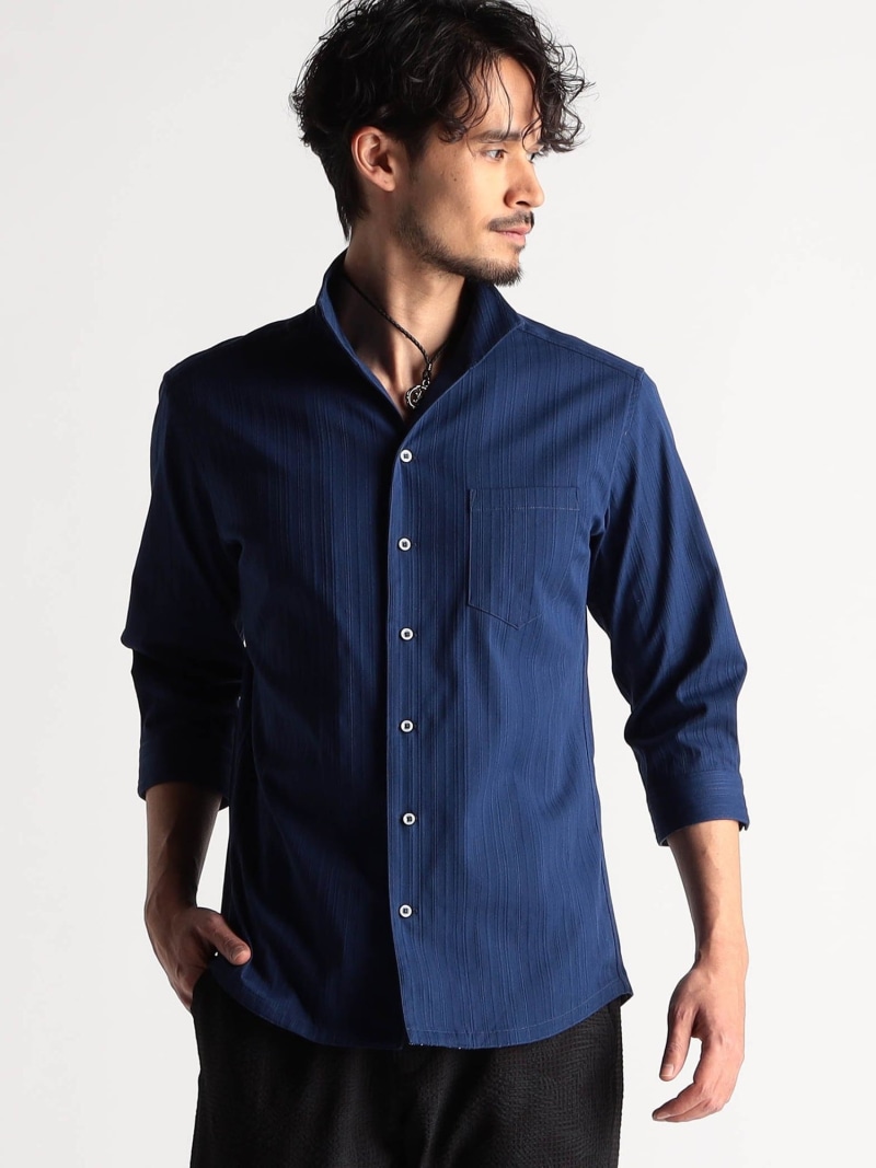 リバーシブルドビー 7分袖スタンドカラーシャツ NICOLE CLUB FOR MEN ニコル トップス プルオーバー・トップ 青碧 さくら色 白いこと【貨物輸送無料】[ Fashion]