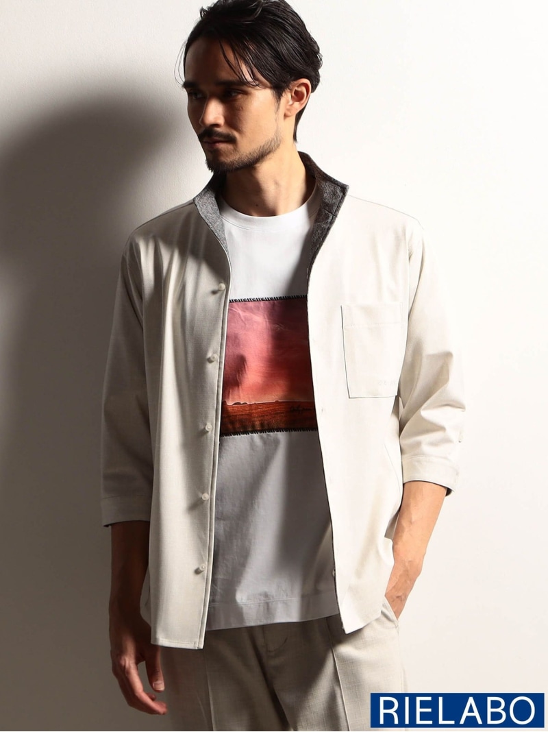 【25年モデル EC限定再販売】【RIELABO】カスレプリント 7分袖スタンドカラーシャツ NICOLE CLUB FOR MEN ニコル トップス シャツ・ブラウス ベージュ ブルー ネイビー【送料無料】[ Fashion]