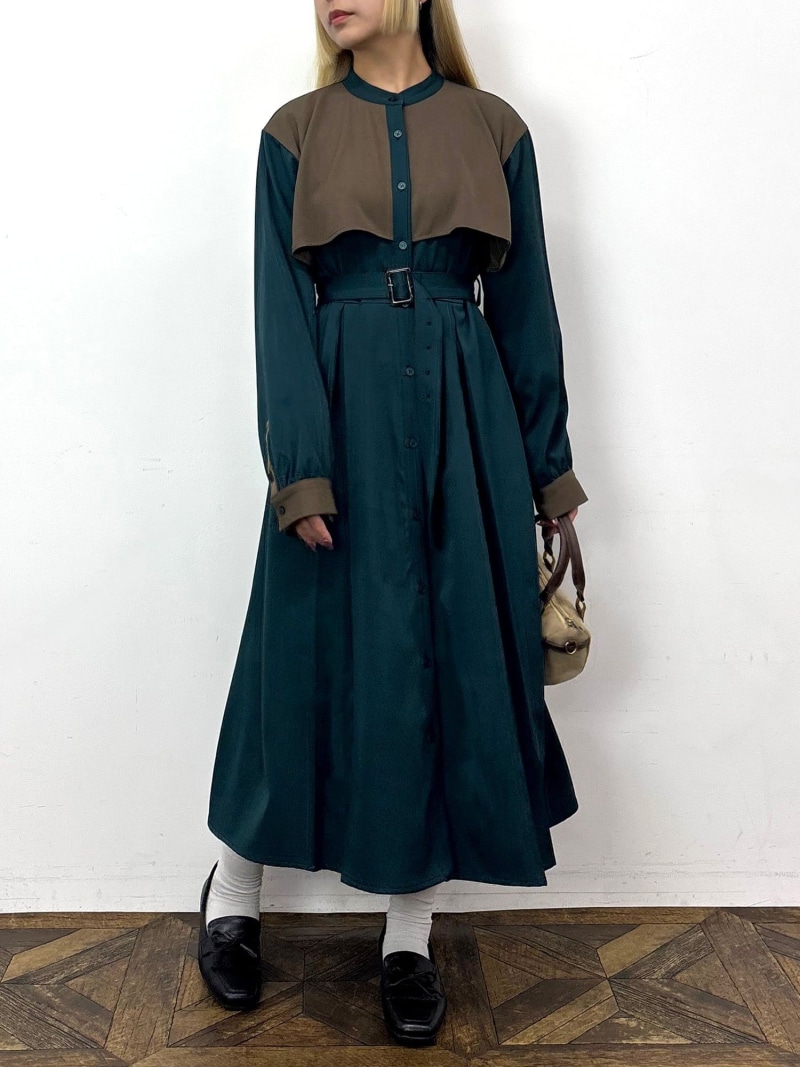 【SALE／30%OFF】バイカラーケープ風ワンピース NICOLE CLUB ニコル クラブ ワンピース・ドレス その他のワンピース・ドレス グリーン ホワイト ネイビー【RBA_E】【送料無料】[ Fashion]