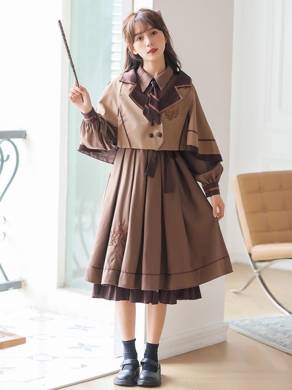 レディース カレッジ 制服 ロリータ ガール ドレス 学生 長袖 ケープ ジャケット スーツ レトロ プリンセス 女性用 秋冬 ワンピース