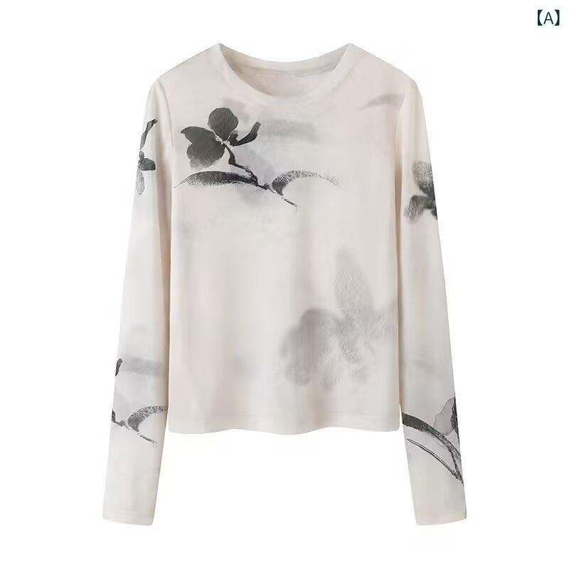 Tシャツ レディース 秋冬 UVカット シアー メッシュ 花柄 フラワープリント 長袖 クルーネック ゆったり ルーズフィット ポリエステル トップス オフホワイ 通勤 カジュアル きれいめ