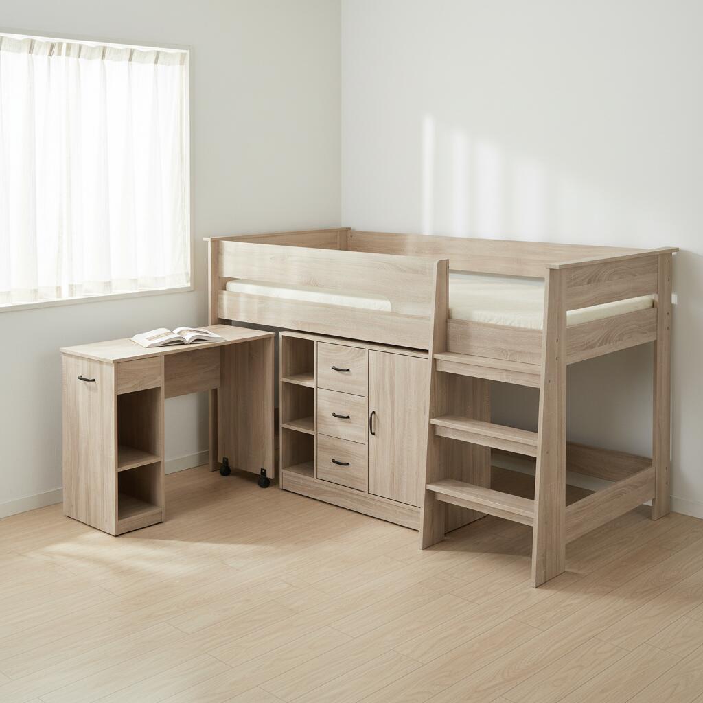 【3梱包】システムベッド 3点セット 分離可能 高さ115cm シングル デスクベッド ロータイプ ハシゴ 学習机 すのこ キャビネット 収納棚 引き出し システムベッドデスク 本棚 収納 ブックシェルフ ロフト ベッドロフトシステムベッド セット 木製ベッド 子供部屋 大人